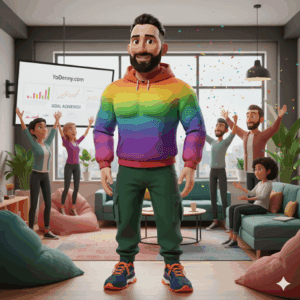 Parttime IT Manager YoDenny (Dennis Khalil) wearing a rainbow hoodie and cargo pants standing in a room with people celebrating in the background.
