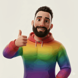 Parttime IT Manager YoDenny (Dennis Khalil) with a beard wearing a rainbow-colored hoodie and giving a thumbs-up gesture.