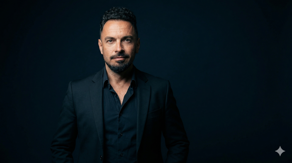 Dennis Khalil dark suit portrait of a man with stubble against navy background Fractional Disrupter Dennis Khalil Fractional CIO Netherlands — IT strategy and boardroom breakthrough - dark suit portrait of a man with short dark hair and stubble, wearing a black blazer and shirt, set against a deep navy backdrop with a small white star in the corner