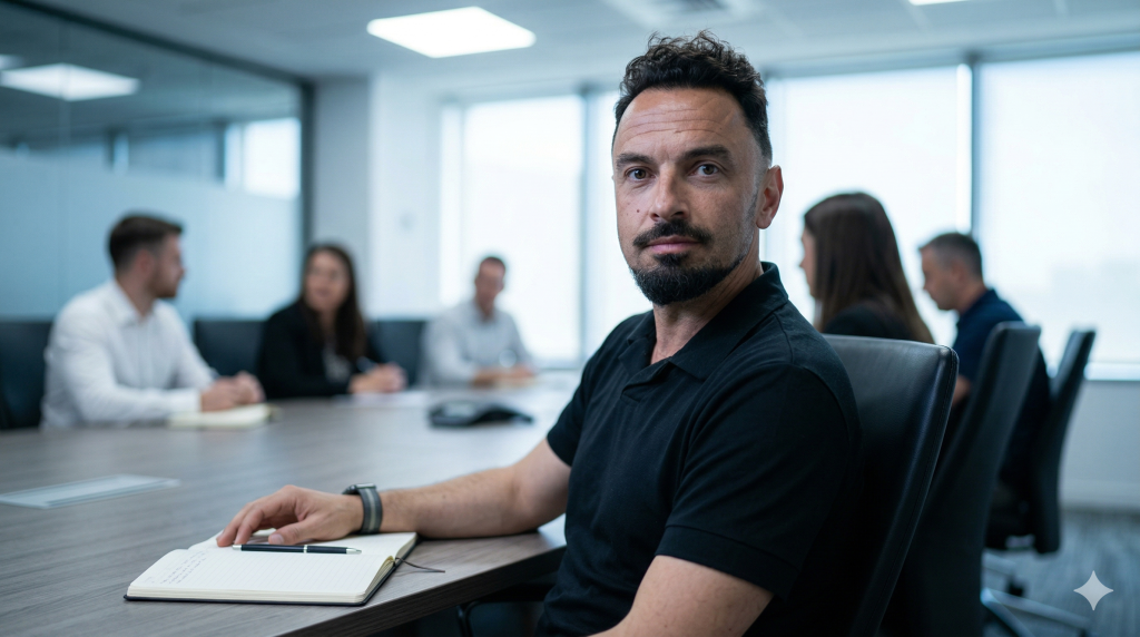 blue-toned office portrait of Dennis Khalil at a conference table with colleagues in background blue-toned office scene featuring Dennis Khalil with short dark hair and beard wearing a black polo, seated at a conference table with notebook and pen, blurred colleagues in background