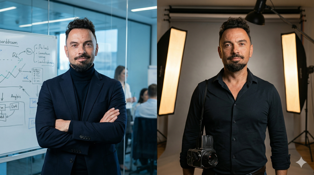 split-screen portrait: Dennis Khalil, business leader in navy blue suit and studio photographer with camera split-screen image showing a man in a navy blue suit with arms crossed in a glass-walled office on the left, and a photographer in a black shirt holding a vintage camera in a studio on the right, with soft lighting
