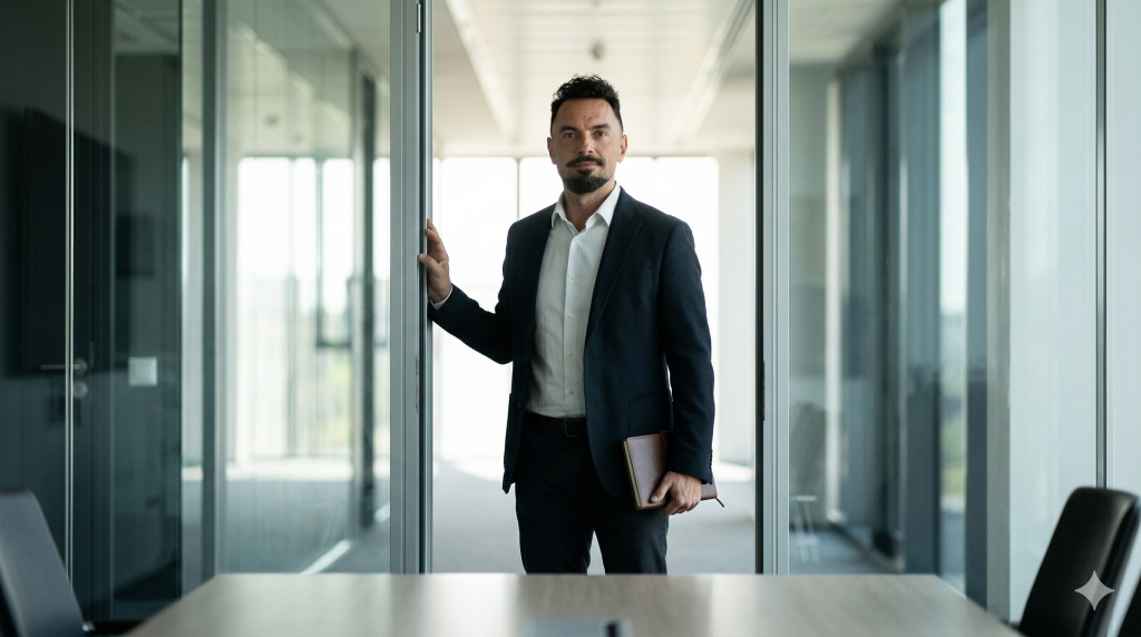 Gemini: man in navy suit with white shirt standing in glass-walled office corridor holding notebook Dennis Khalil Fractional CIO Netherlands — IT strategy and boardroom breakthrough image of a man in a navy suit and white shirt standing in a bright glass-walled office corridor, holding a brown notebook